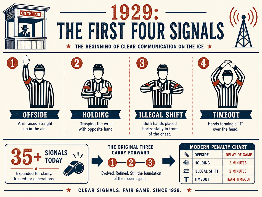 Infographic of the four original 1929 football referee hand signals