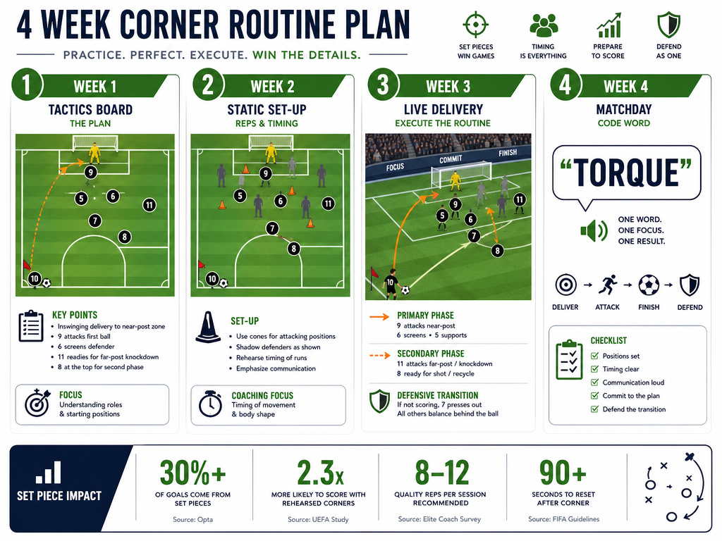 Four-week football corner kick routine coaching checklist infographic