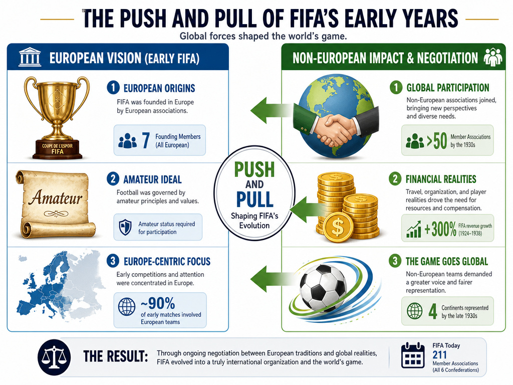 Infographic comparing European and non-European influences on FIFA's contested globalization.
