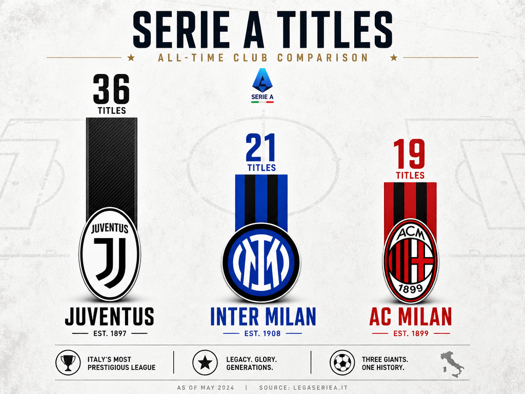 Serie A historical dominance infographic showing Juventus, Inter, and Milan title counts.
