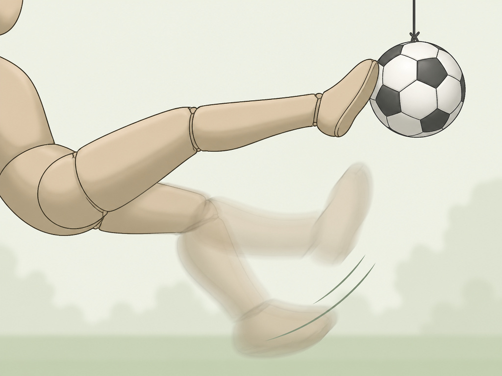 Cartoon of bicycle kick leg motion drill with a ball hanging from a string.