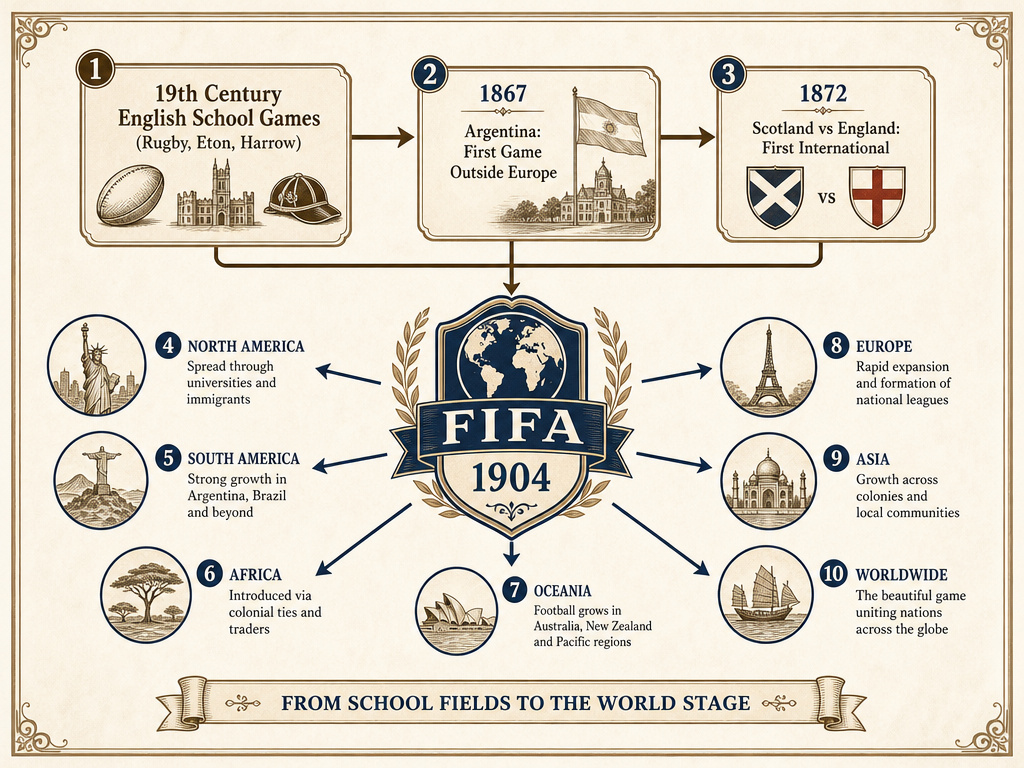 Diagram tracing football's evolution from school rules to FIFA's global governance.