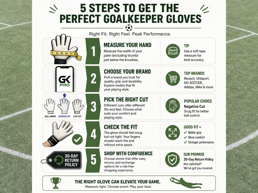 Infographic checklist for measuring and buying correctly sized goalkeeper gloves.