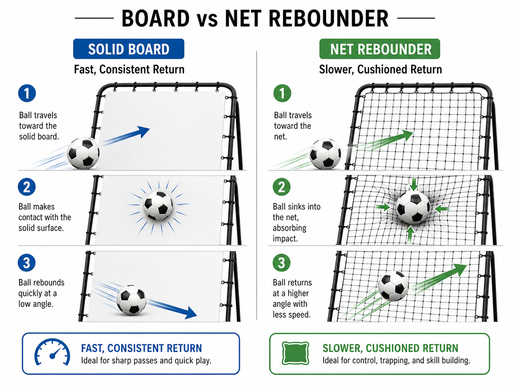 Diagram comparing board versus net football rebounder materials and ball return.