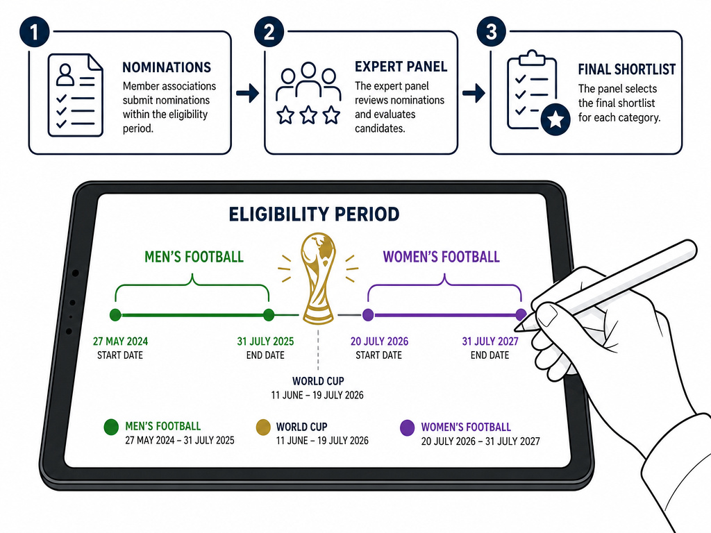 Diagram showing FIFA Best Awards shortlist creation and shifting eligibility periods.