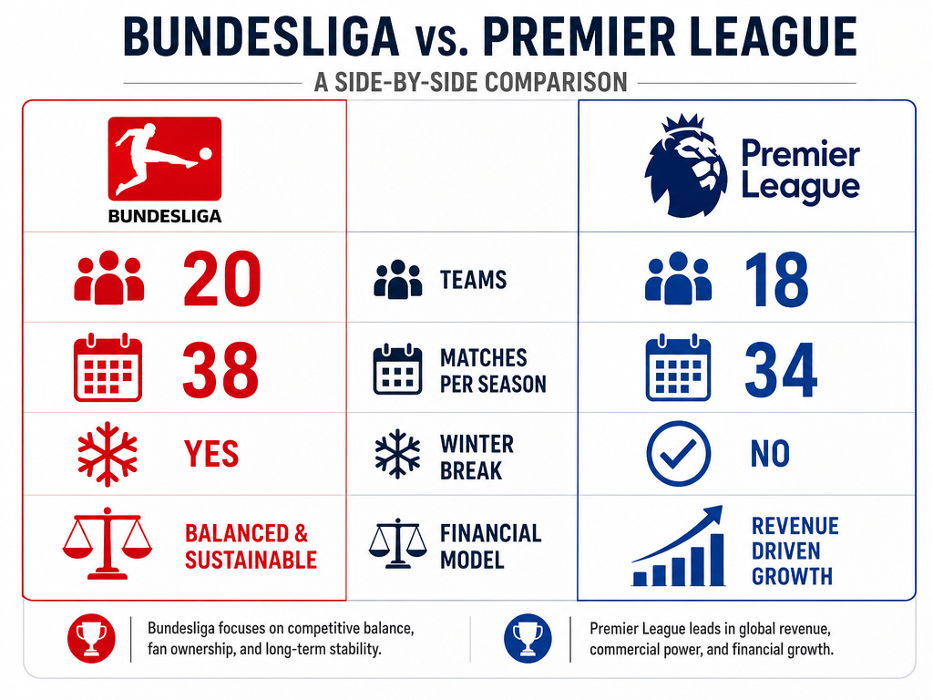 Bundesliga vs Premier League comparison infographic on teams, matches, and structure.