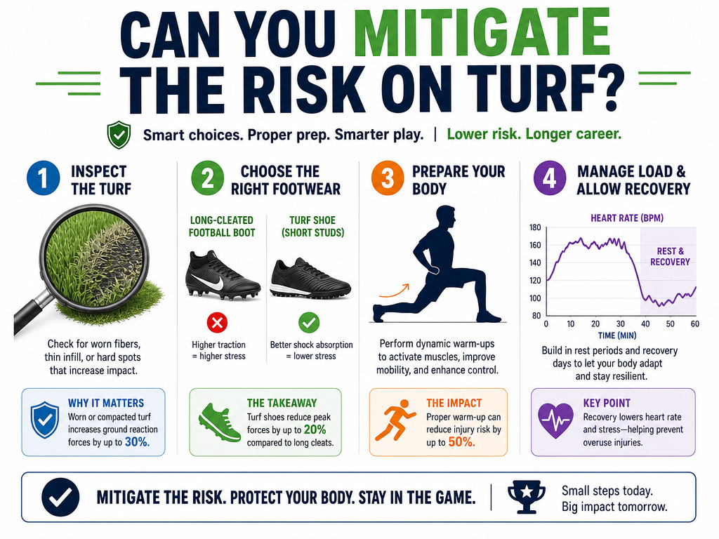 Infographic showing four key steps to reduce football injury risk on artificial turf.