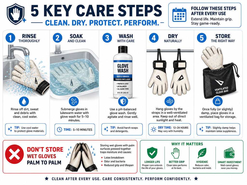 Infographic on washing, drying, and storing goalkeeper gloves properly.