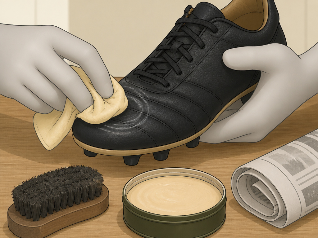 Caring for kangaroo leather football boots with conditioner, brush, and newspaper.
