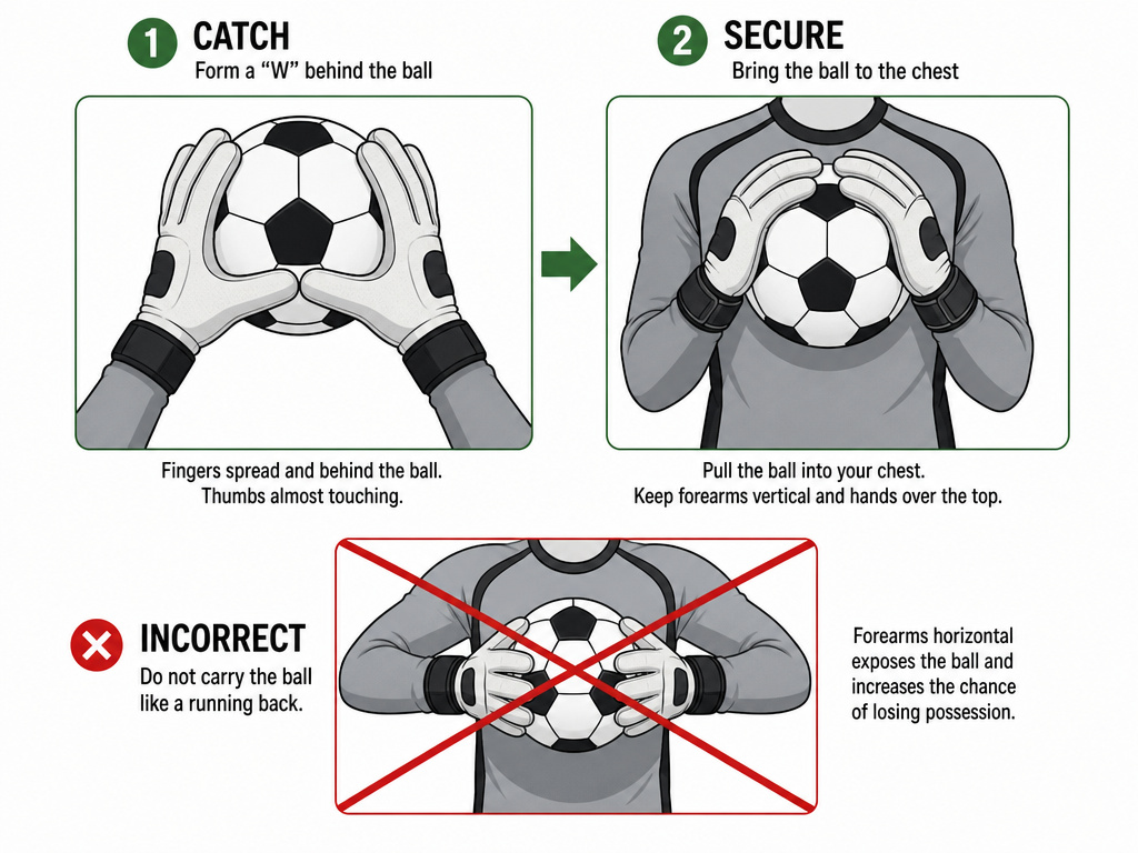 Goalkeeper catching technique: secure W catch then bring ball to protected chest position.