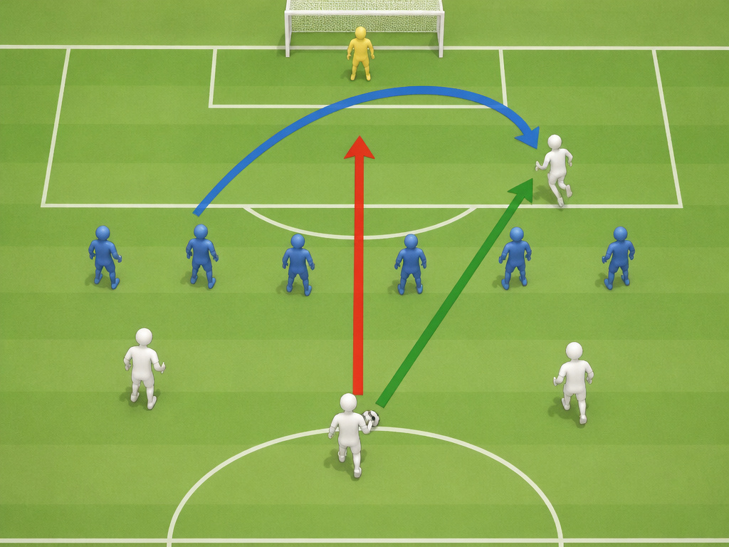 Diagram comparing direct, diagonal, and lofted through ball passing lanes in football.