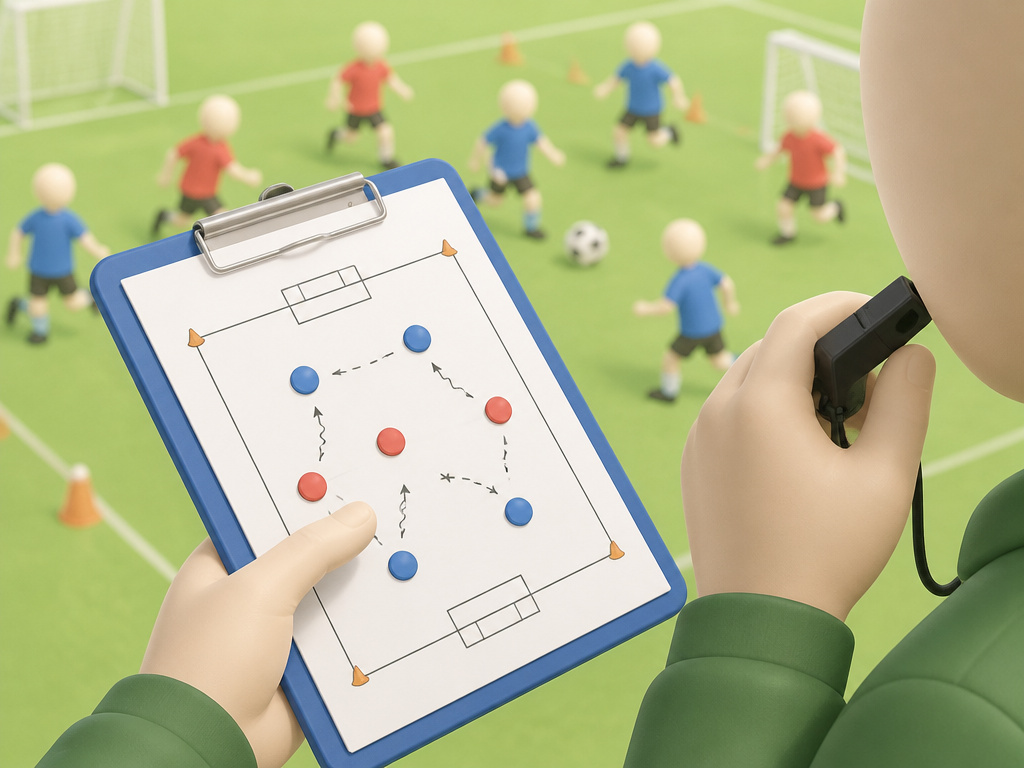Youth football coach facilitating a small sided game for children silently