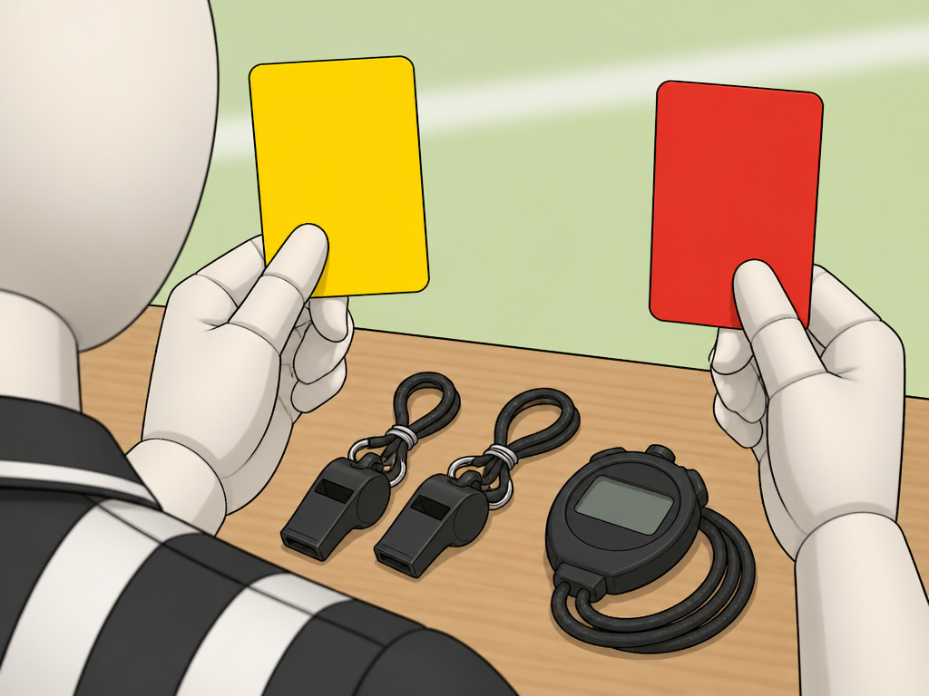 Football referee equipment essentials: whistles, cards, and stopwatch for proper protocol.