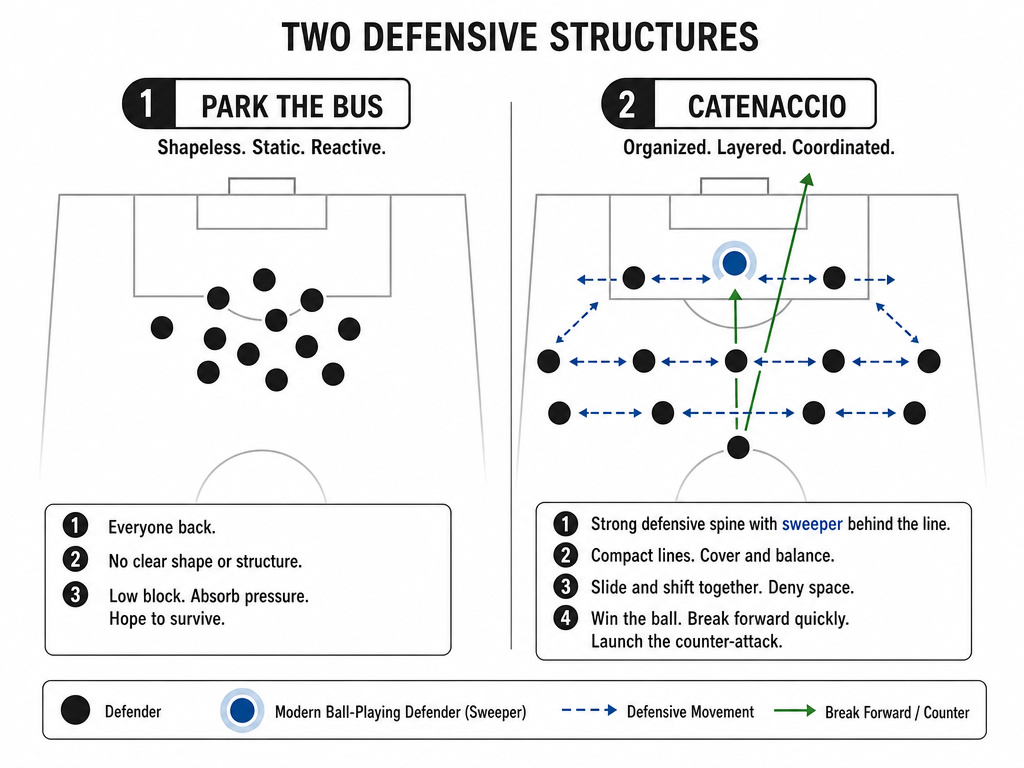 Diagram comparing catenaccio's structure to parking the bus tactics in football.