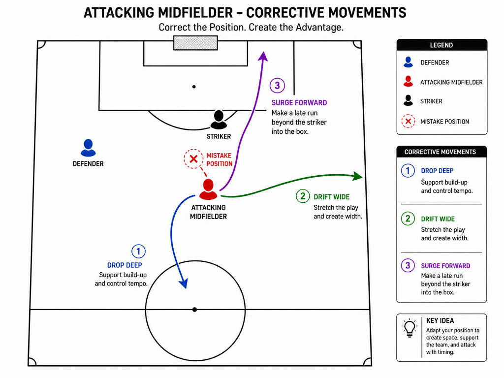 Diagram showing an attacking midfielder's movement patterns to avoid being marked