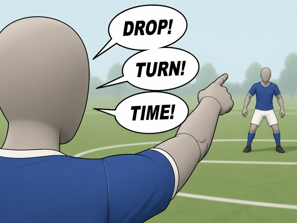 Football leader giving on-pitch commands like Drop, Turn, and Time.