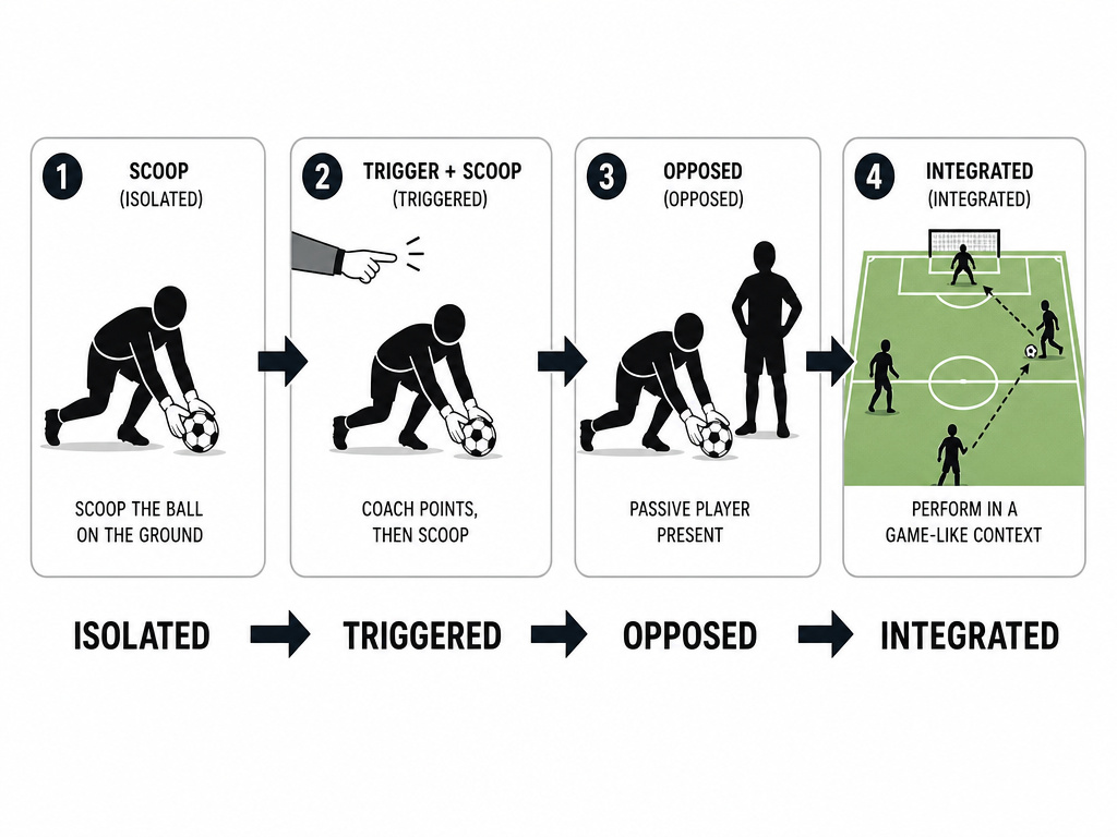 Diagram showing a goalkeeper training progression from simple to complex drills.