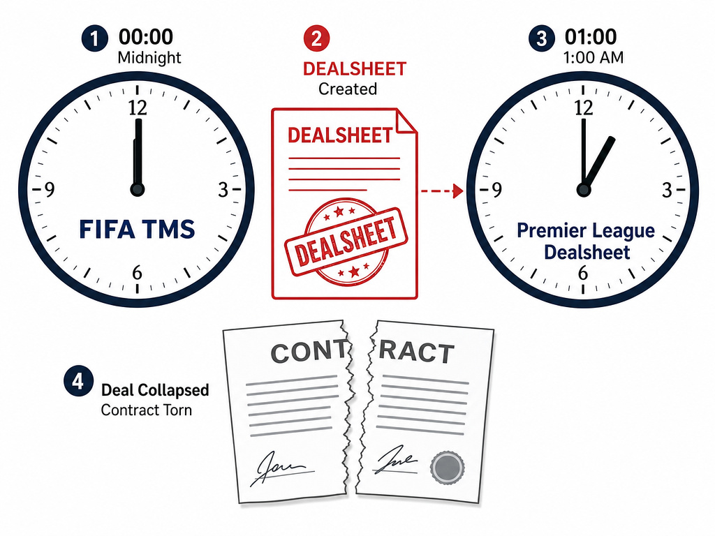 Deadline day mechanics diagram comparing FIFA TMS and Premier League dealsheet deadlines.