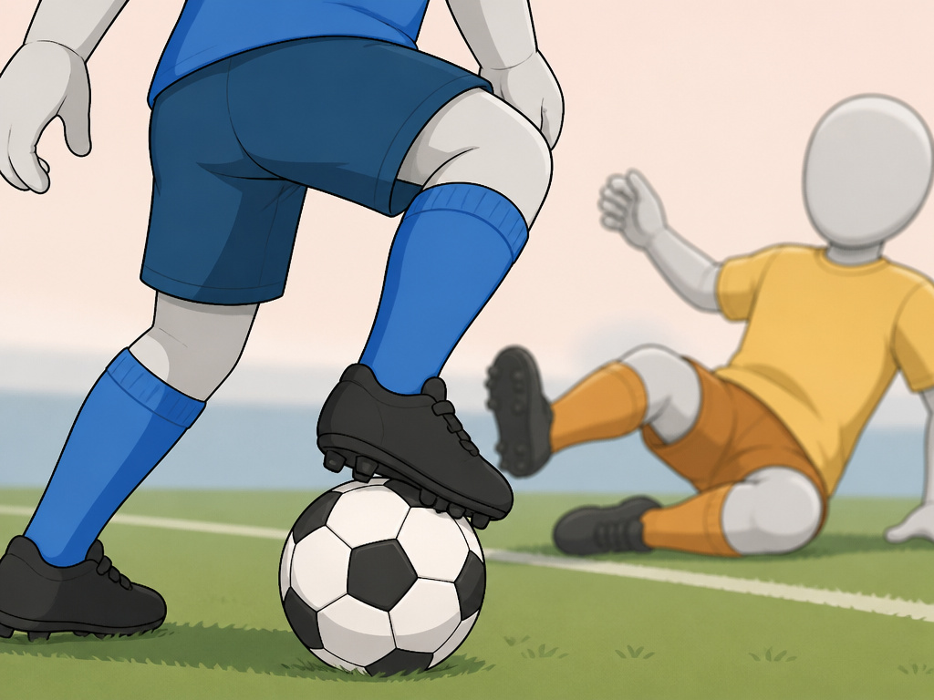 Soccer player securing the ball on the ground immediately after a successful slide tackle.