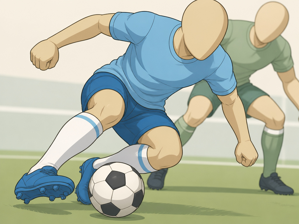 Footballer using a body feint to beat a defender in a one-on-one duel.