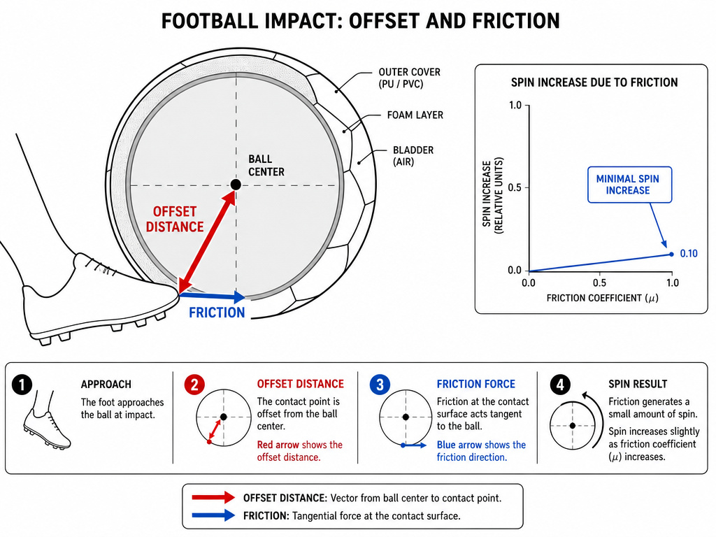 Diagram comparing foot offset distance and friction for curving a football.