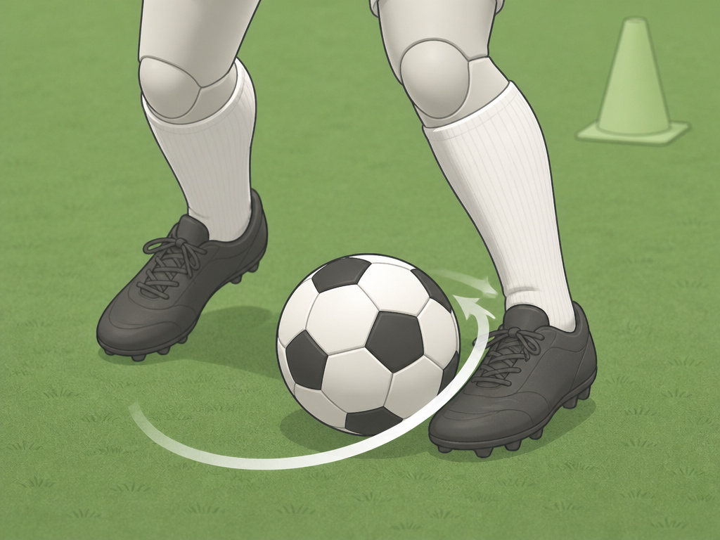 Close-up diagram of a foot performing the elastico soccer move on a ball.
