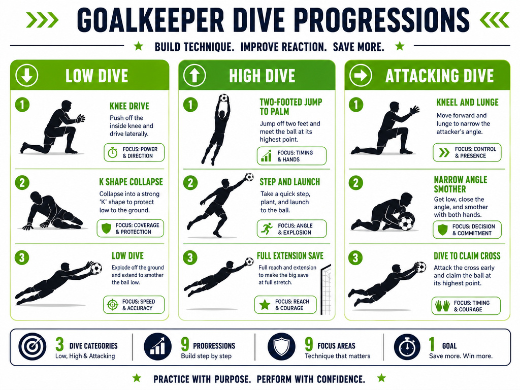 Infographic of goalkeeper diving drill progressions for low, high, and attacking saves.