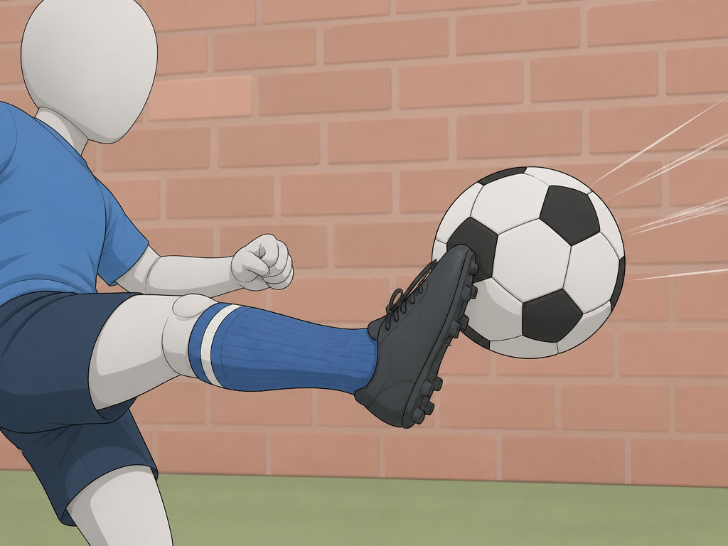 Football volley technique drill showing instep contact against a wall.