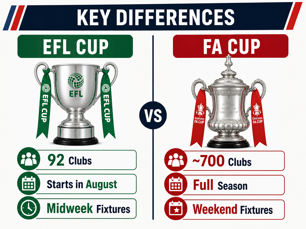 Infographic comparing EFL Cup and FA Cup formats, eligibility, and scheduling.