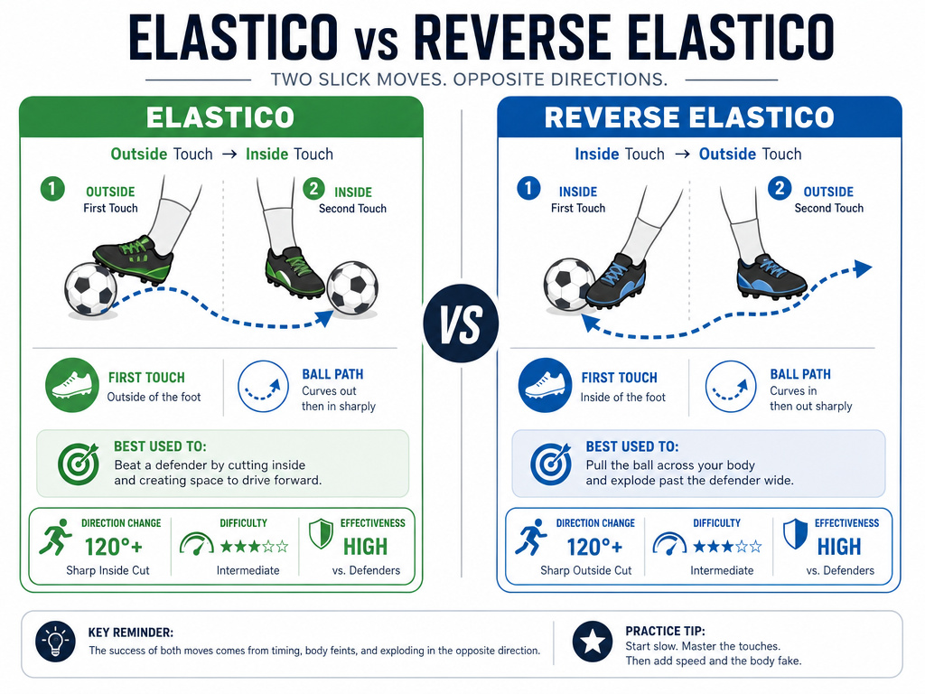 Comparison diagram of the Elastico versus the Reverse Elastico football move.
