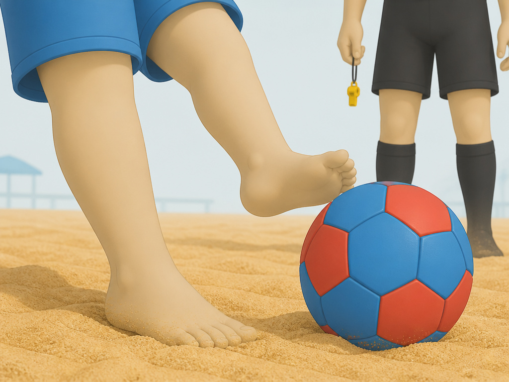 Bare feet kicking a beach soccer ball with a referee's legs in background.