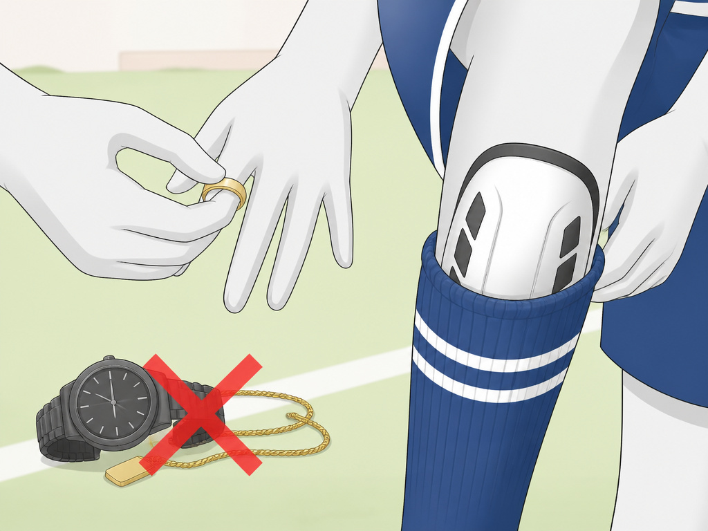 Cartoon explaining 5-a-side football rules for jewellery removal and shinguard use.