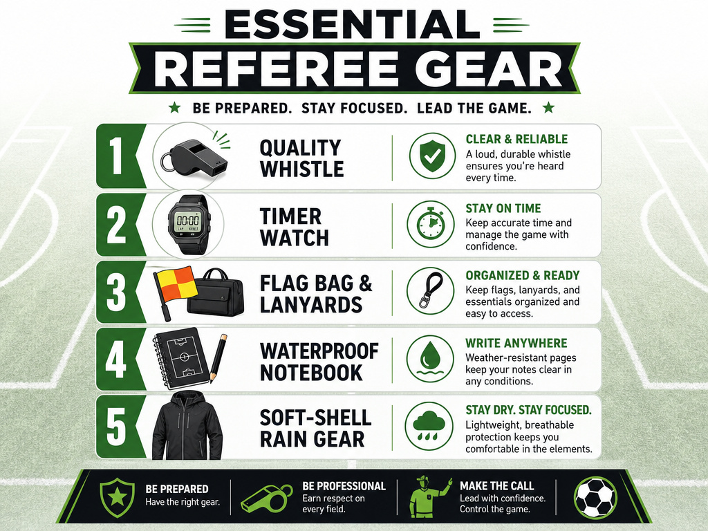 Infographic listing five essential pieces of gear for a new football referee.