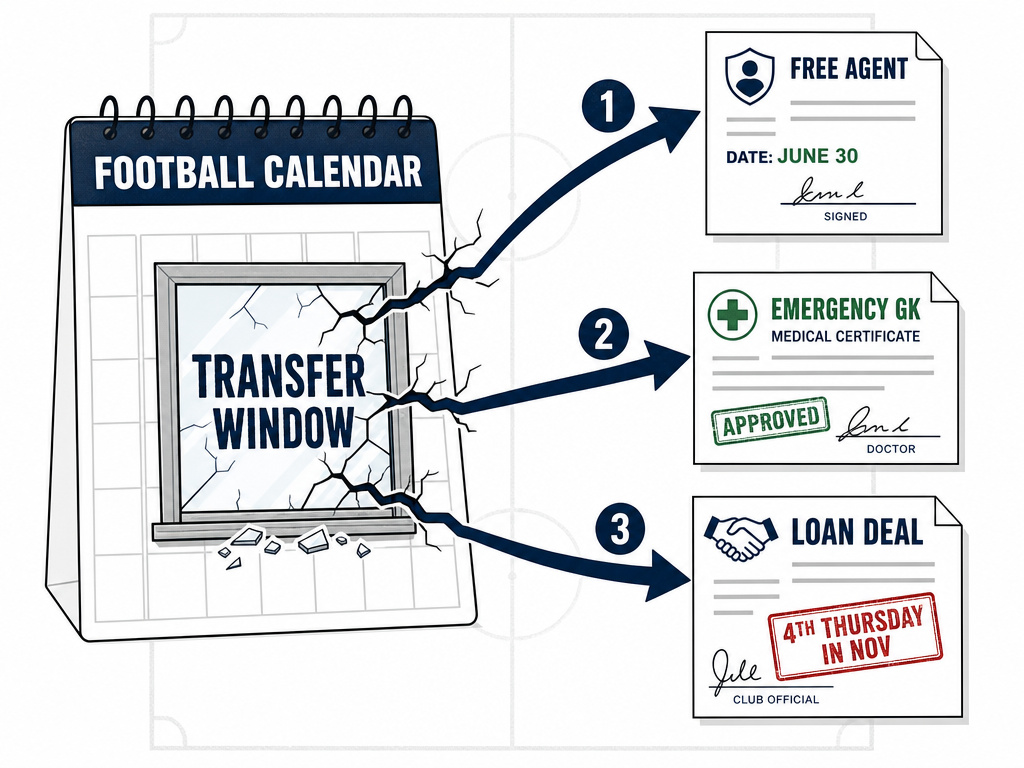 Diagram illustrating transfer window exceptions for free agents, loans, and emergencies.
