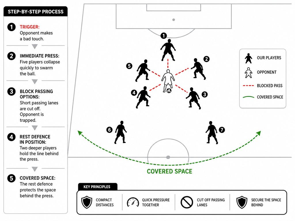 Diagram showing gegenpressing principles: trigger, compactness, and rest-defence structure.