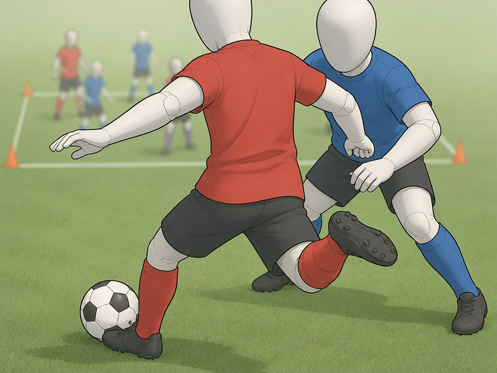 Football player shielding the ball in a small-group finishing drill under pressure.