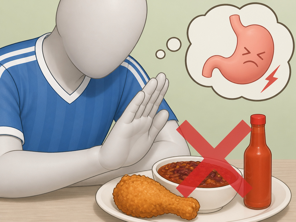 Foods football players should avoid before a match to prevent stomach issues.