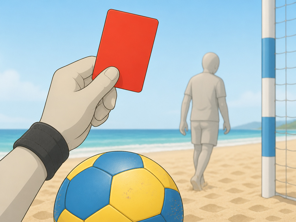 Red card rule in beach soccer explained with ball and sand.