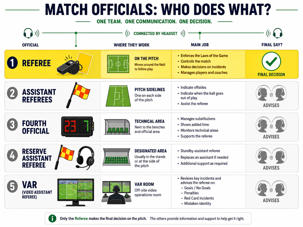 Comparison chart of referee, assistants, fourth official, reserve assistant and VAR roles