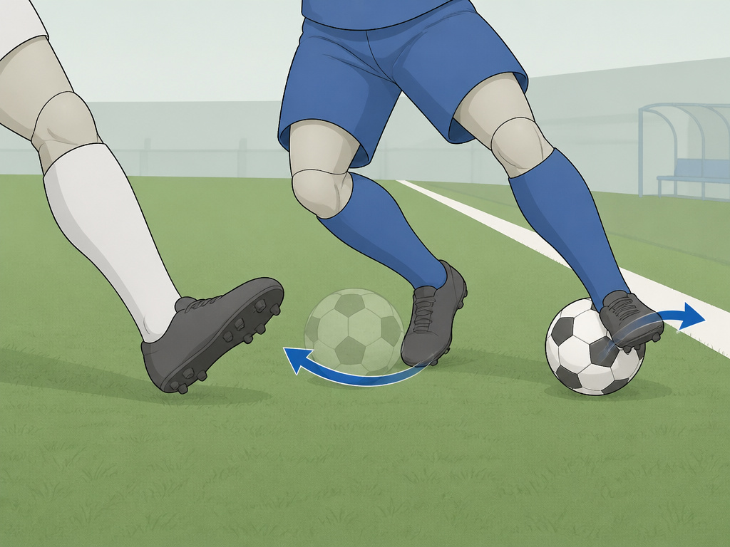 Cartoon of an elastico move beating a defender on the soccer wing.