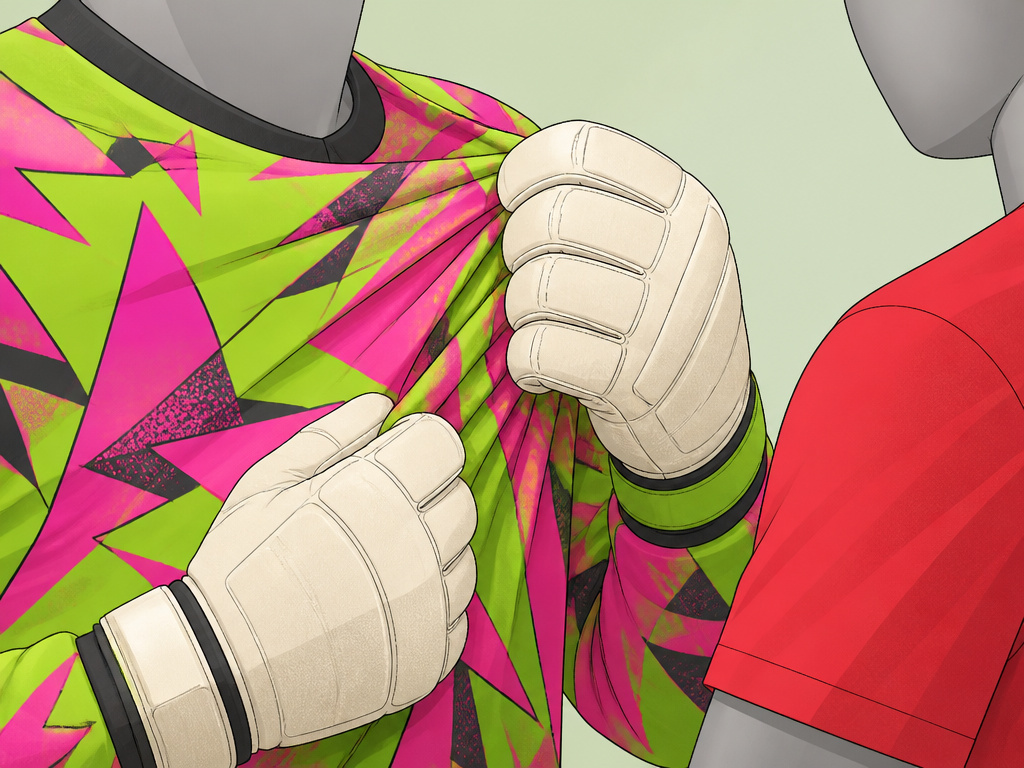 Vibrant patterned goalkeeper jersey contrasting with a plain outfield player sleeve.
