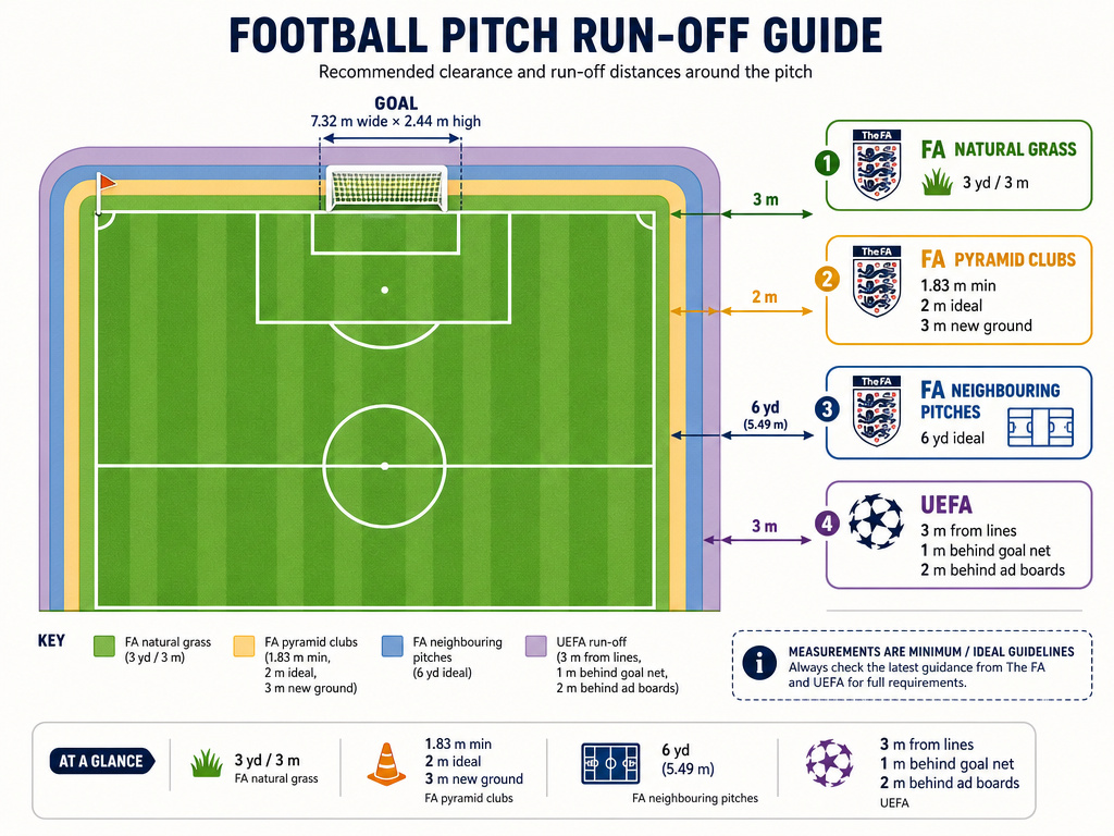 Football pitch run-off distances and goal dimensions compared across FA and UEFA rules