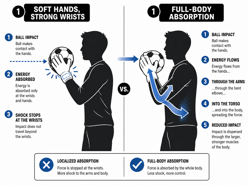 Diagram comparing wrist-based versus full-body cushioning for goalkeeper catches.