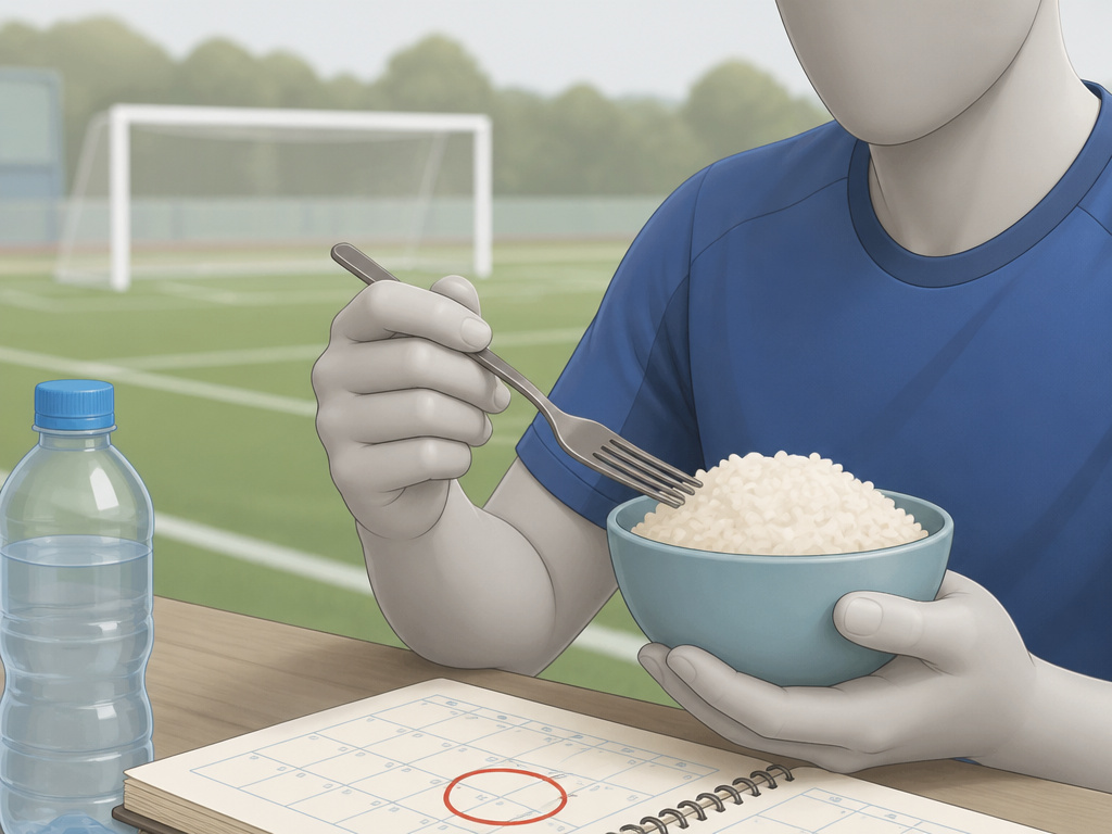 Football player preparing a carb-loading meal of rice before match day.