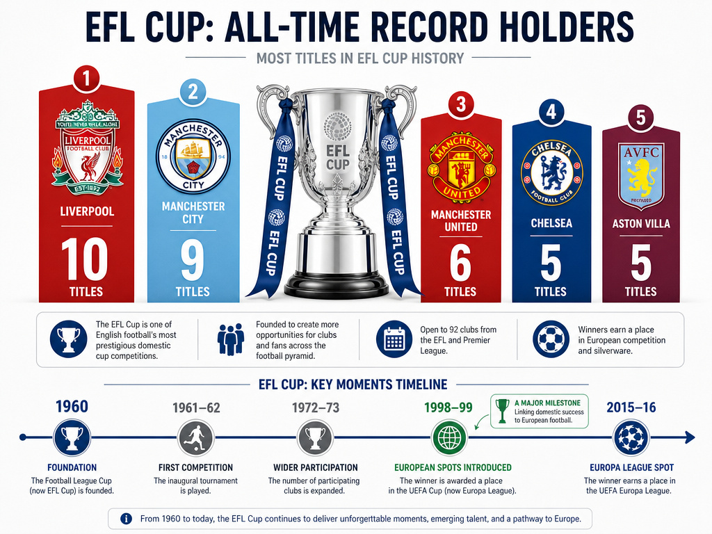 EFL Cup history infographic showing record holders Liverpool and Manchester City.