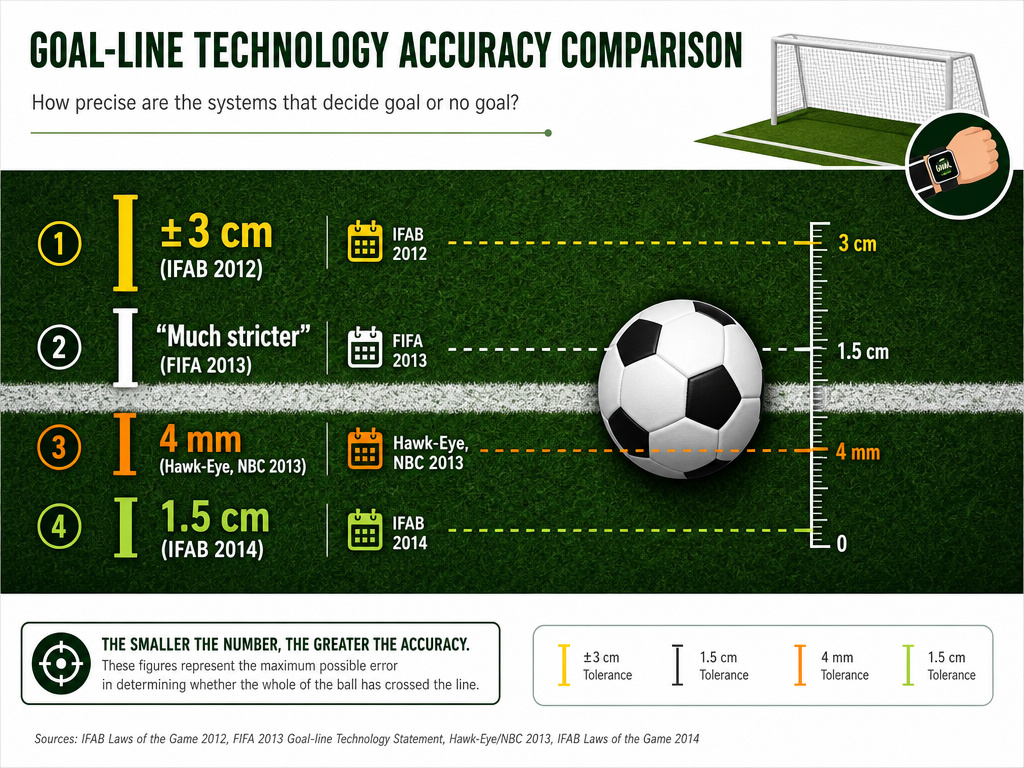 Infographic comparing goal-line technology accuracy standards of 3 cm, 1.5 cm and 4 mm