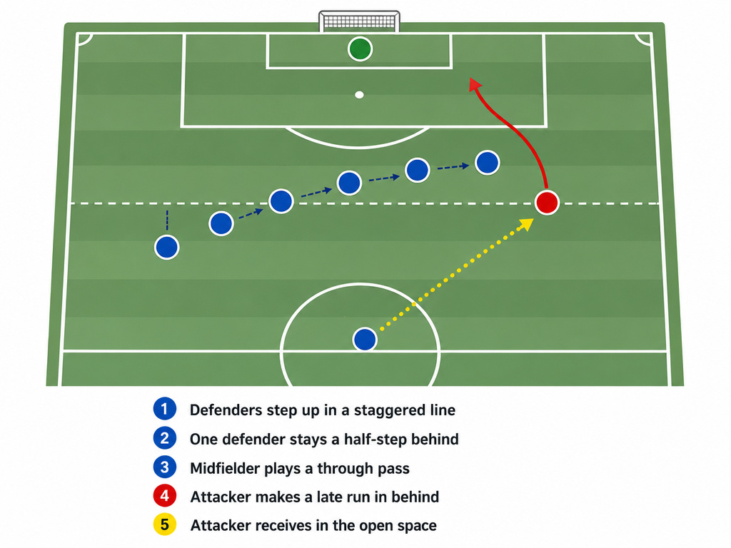 Diagram of attacker timing run to beat the offside trap