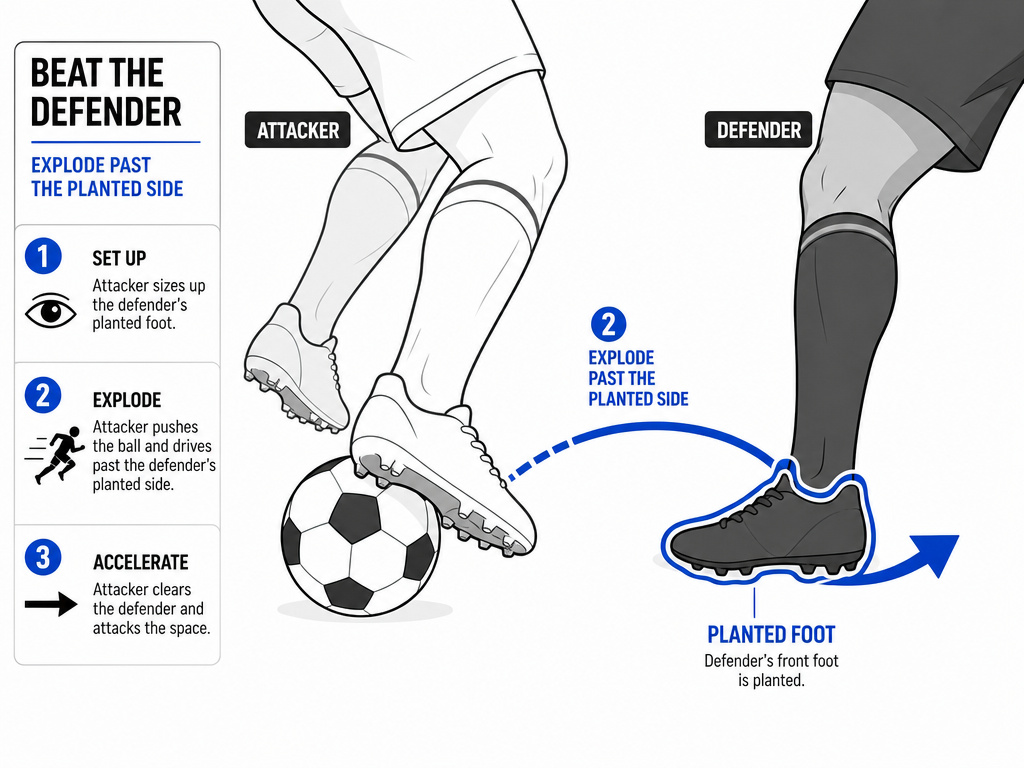 Attacker reading defender's front foot positioning in a one-on-one duel