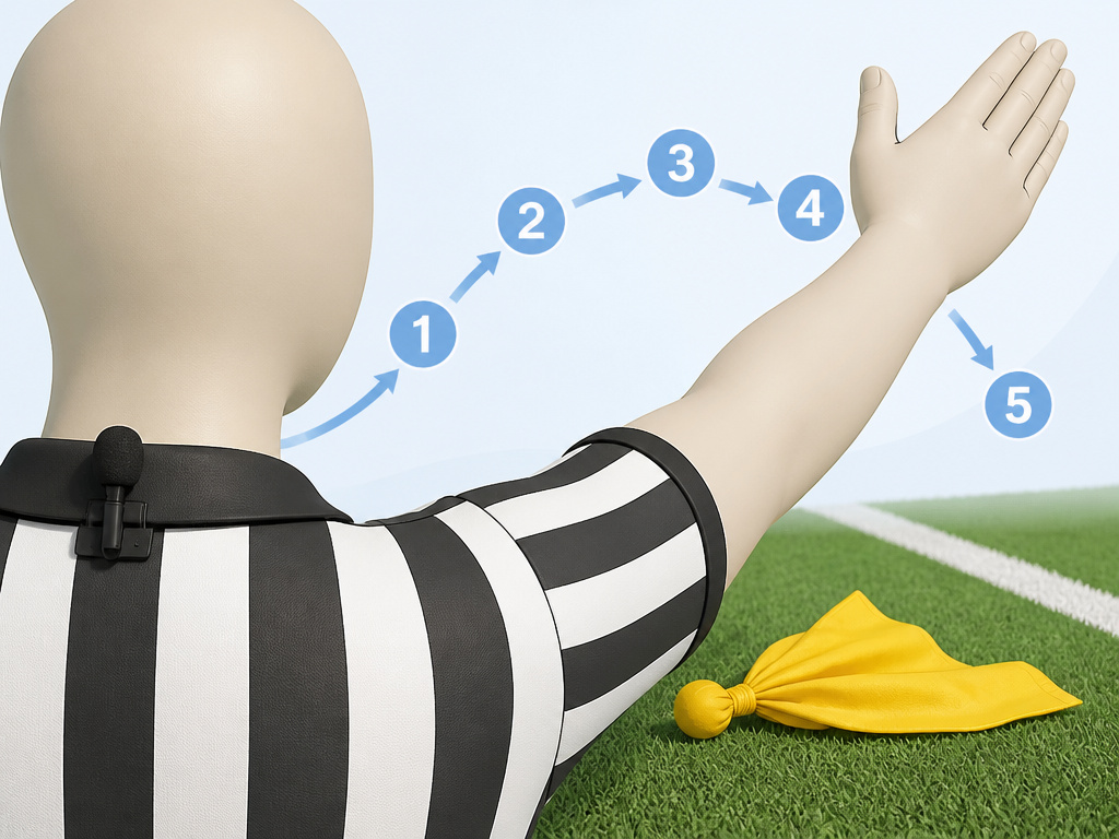 Referee raising arm in penalty signal beside yellow flag on field