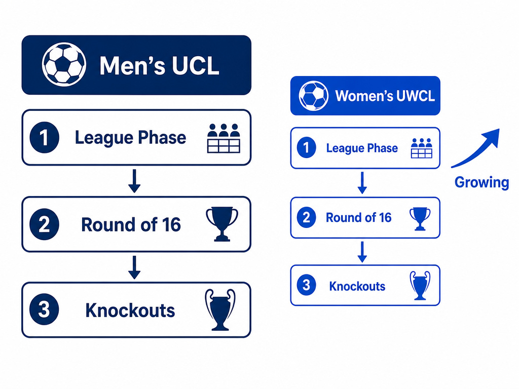 Diagram comparing the formats of the men's and women's UEFA Champions League tournaments.